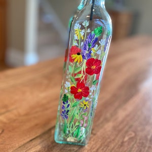 Hand Painted Floral Oil and Vinegar Bottle - Kitchen Decor
