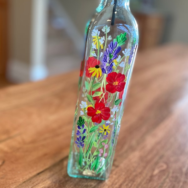 Hand Painted Floral Oil and Vinegar Bottle - Kitchen Decor