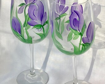 Hand Painted Wine Glasses: Purple Iris Spring Wedding Set