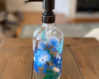 Hand painted soap dispenser blue floral, blue bathroom decor, soap bottle with blue flowers
