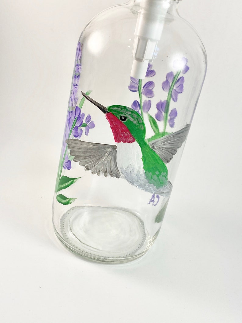 Hand painted soap dispenser hummingbird, handpainted soap dispenser, bathroom soap, dish soap bottle, bird lovers gift, housewarming image 1