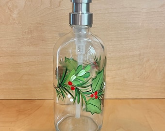 Hand painted soap bottle for Christmas decor, rustic mountain cabin bath decor, painted soap dispenser, pinecone and evergreen