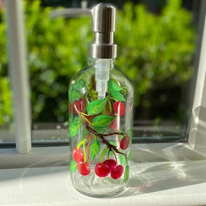 Hand painted soap bottle with red cherries, red bathroom decor, cherry decor, red kitchen soap bottle, pretty soap dispenser image 1