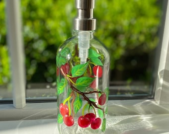 Hand painted soap bottle with red cherries, red bathroom decor, cherry decor, red kitchen soap bottle, pretty soap dispenser