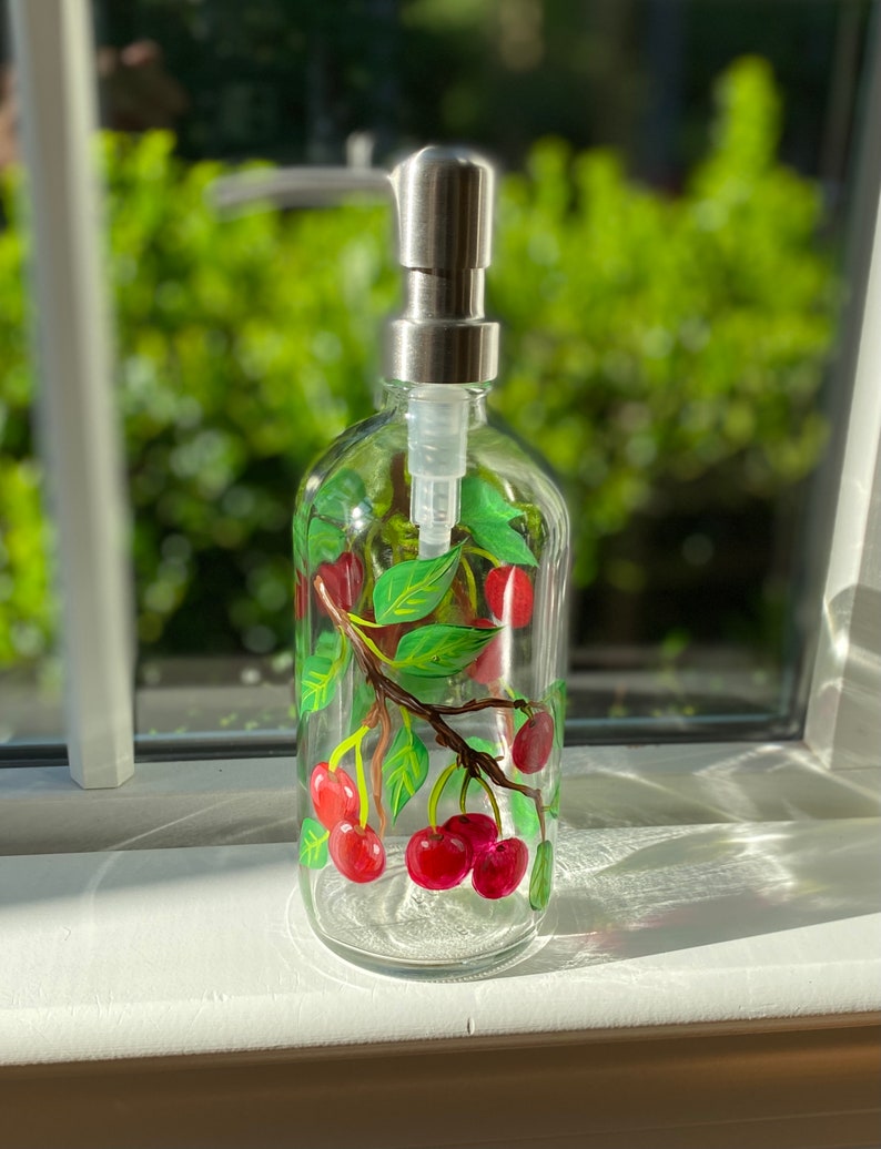 Hand painted soap bottle with red cherries, red bathroom decor, cherry decor, red kitchen soap bottle, pretty soap dispenser image 1