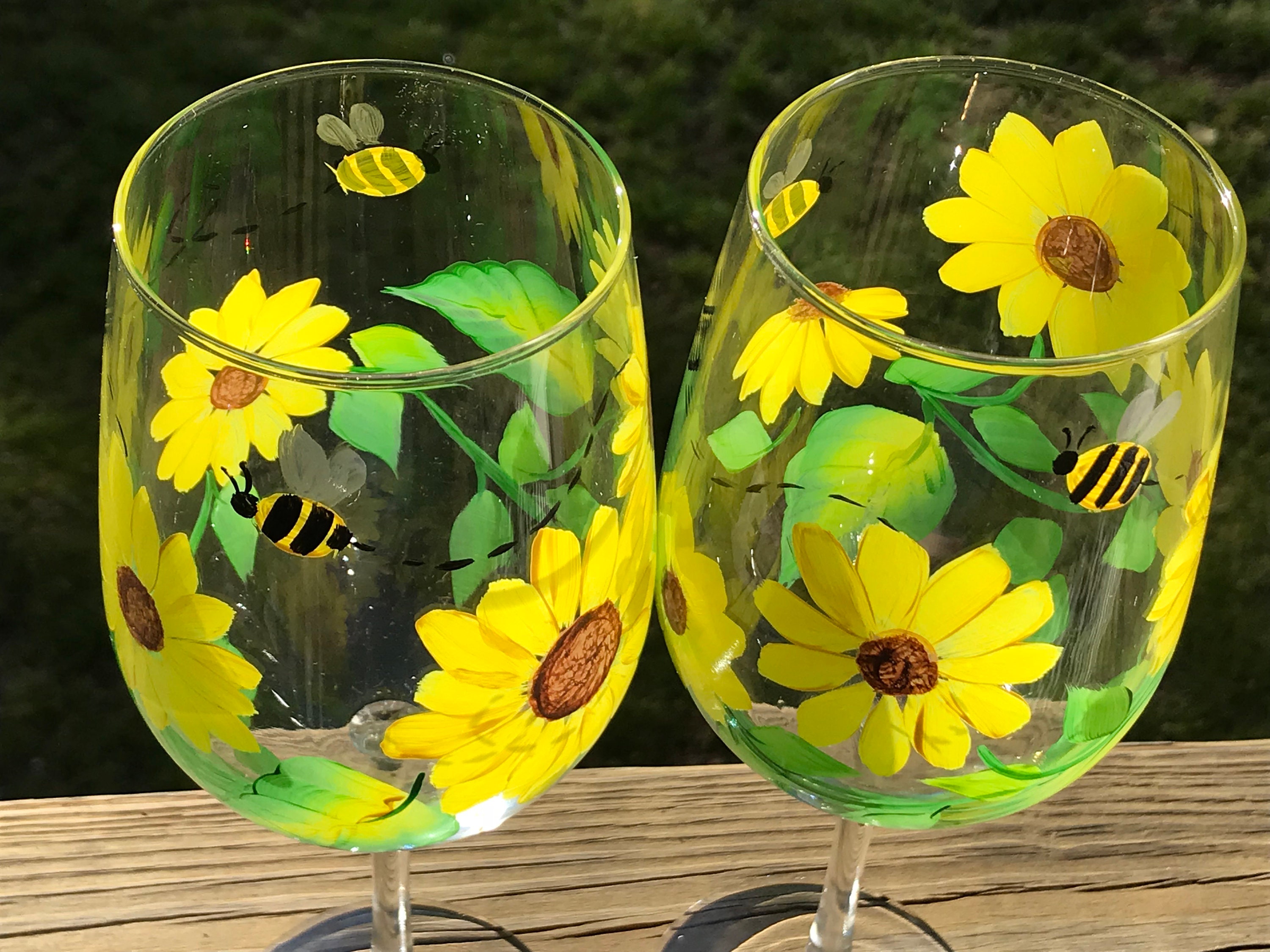 Sunflower Stemmed Wine Glasses - Gift for Women - Sunflower Kitchen Decor -  Rustic Country Farmhouse - Set of 2-12 ounce stemmed - Hand Painted