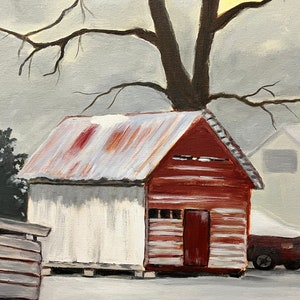 Landscape oil painting farm rural, Virginia farm barn painting, red barn in snow, Norge VA image 2