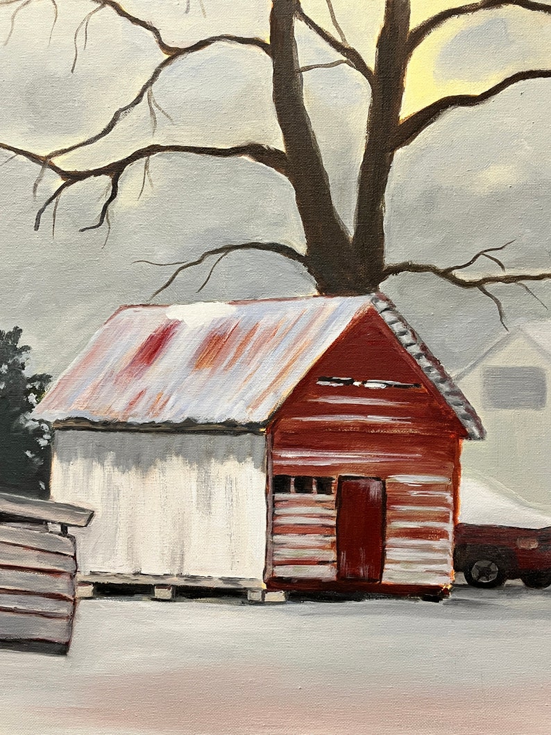 Landscape oil painting farm rural, Virginia farm barn painting, red barn in snow, Norge VA image 2