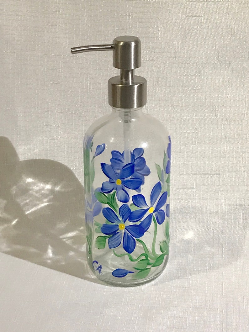Hand Painted Soap Dispenser Blue Flowers Painted Soap Etsy
