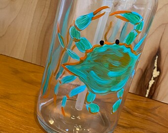 Hand painted soap dispenser with blue crab, beach bathroom decor, handpainted soap dispenser, dish soap bottle, beach house decor