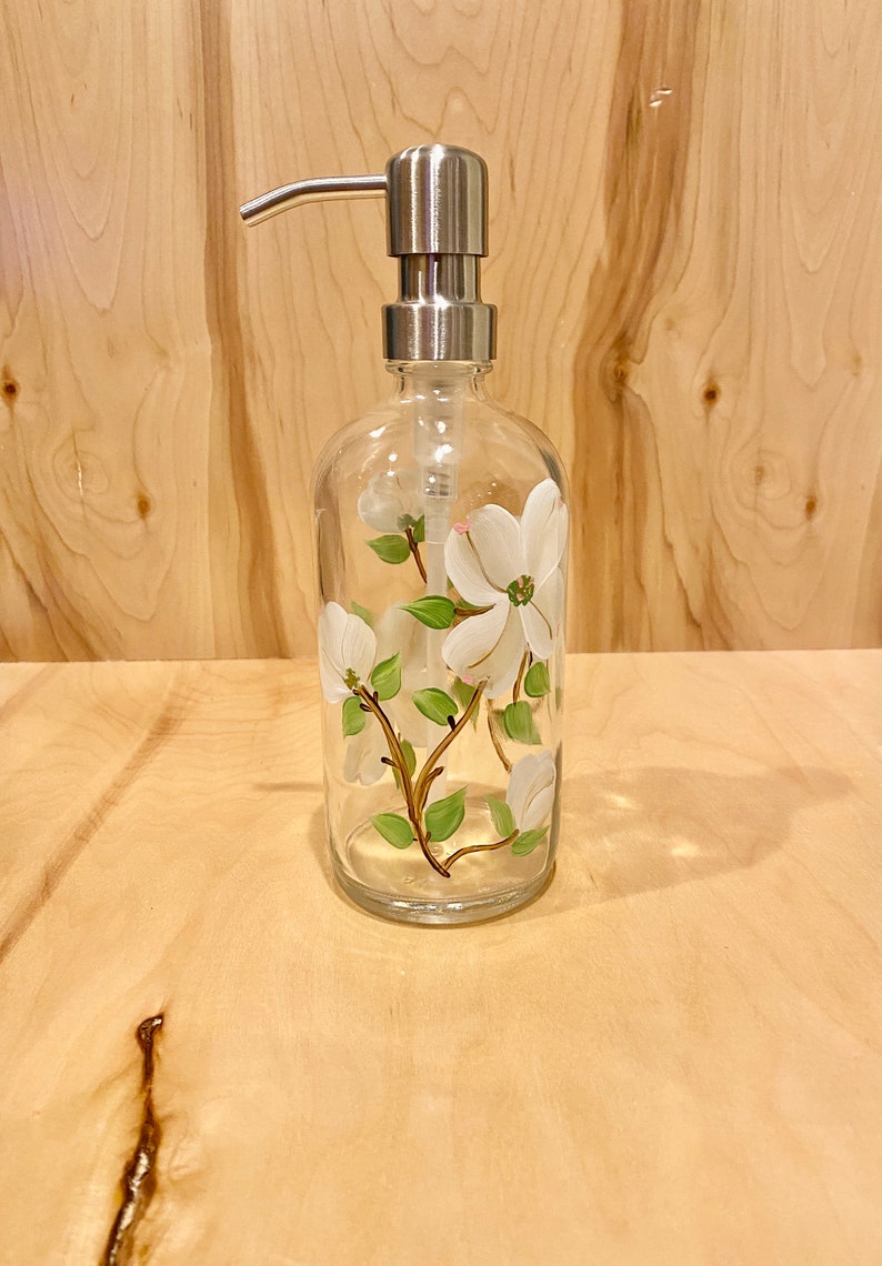 Hand painted soap dispenser white dogwood, floral hand painted soap dispenser, bathroom soap, dish soap bottle, white and gold decor image 1