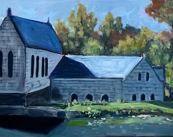 Plein air painting of Pumphouse Park, Richmond Virginia, fall landscape, small oil painting