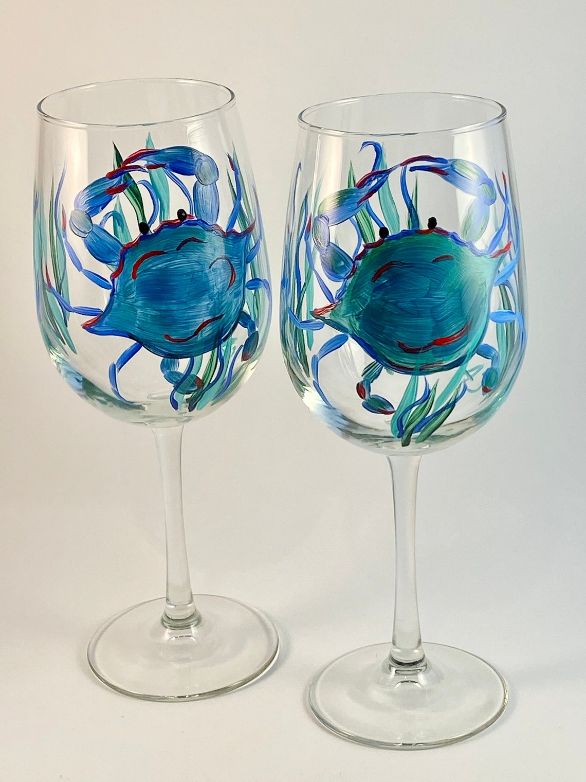 Hand Painted Wine Glasses Blue Crabs Crab Wine Glass Beach Etsy