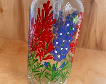 Hand painted soap dispenser with blue bonnets and Indian paintbrush, western decor, Texas blue bonnets, blue and red bathroom decor