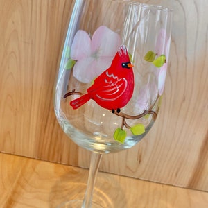Painted wine glasses with red cardinal, hand painted wine glass with flower, Virginia state bird flower, bird nature lover, mothers day image 3