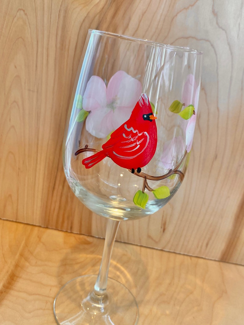 Painted wine glasses with red cardinal, hand painted wine glass with flower, Virginia state bird flower, bird nature lover, mothers day image 3