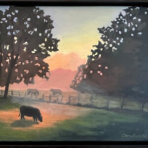 Landscape oil painting cows in sunrise, black cows in field, rural Virginia farm