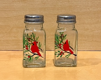Hand painted salt and pepper shakers, set of two, with red cardinal and evergreen, red country kitchen decor