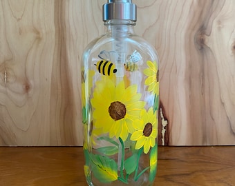 Hand painted soap dispenser yellow sunflowers and bumblebees,  handpainted soap dispenser, bathroom soap dispenser, yellow kitchen decor