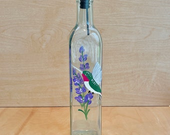 Hand painted oil and vinegar bottle with hummingbird, bird kitchen decor, hummingbird with Lavendar, bottle for dish soap