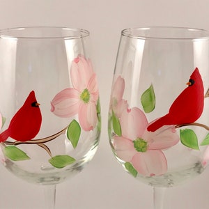 Painted wine glasses with red cardinal, hand painted wine glass with flower, Virginia state bird flower, bird nature lover, mothers day image 7