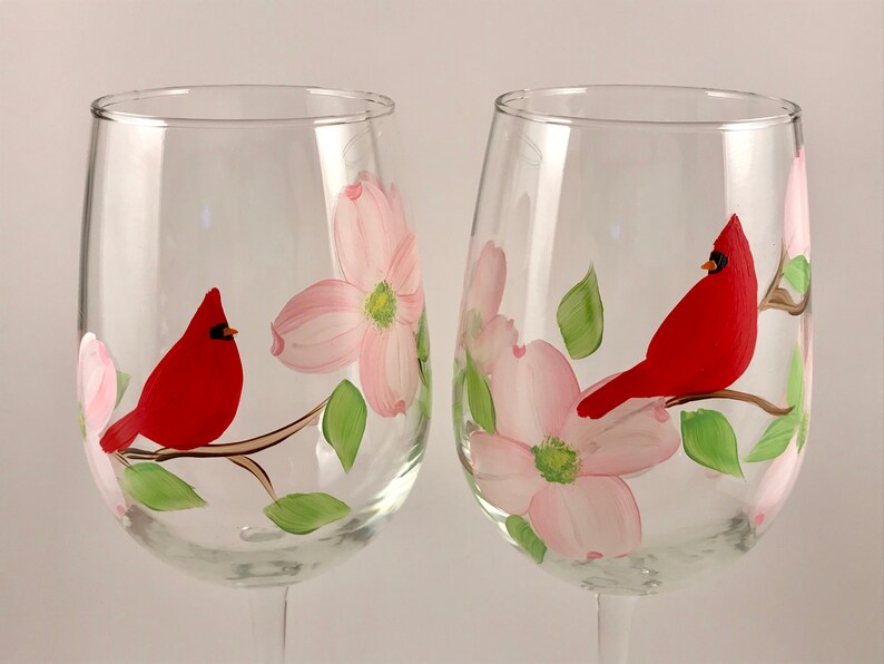 Painted wine glasses with red cardinal, hand painted wine glass with flower, Virginia state bird flower, bird nature lover, mothers day image 7