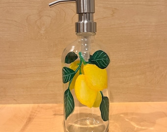 Hand painted soap dispenser with lemons, kitchen dish soap dispenser, painted bottle lemons, bathroom soap dispenser, lemon kitchen decor