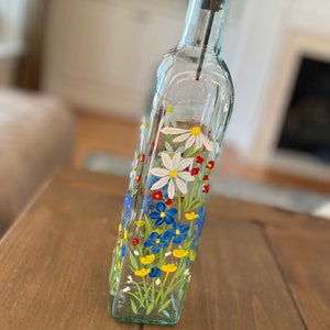 Hand painted Oil and Vinegar bottle with wildflowers, Olive Oil bottle, soap bottle dispenser, daisies and dandelions