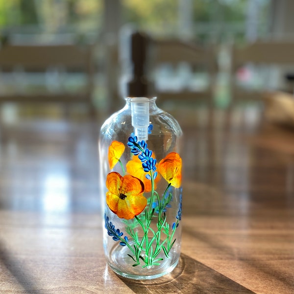 Hand Painted Floral Soap Dispenser: Orange Poppy & Bluebonnet Decor