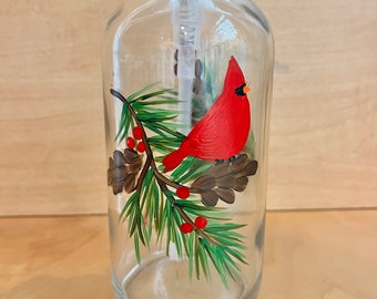 Hand painted soap dispenser with red cardinal and pinecones, fall and winter decor for bathroom, rustic mountain cabin decor, handpainted