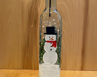 Hand painted Oil and Vinegar bottle for winter, olive oil bottle with snowman, soap bottle for mountain cabin, mountain kitchen decor