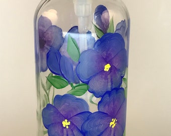 Hand painted soap dispenser blue pansies,  painted soap dispenser, blue flowers,  bathroom soap dispenser, dish soap bottle