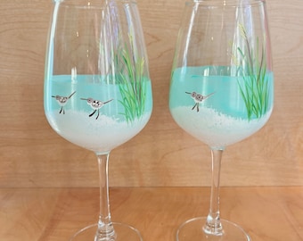 Hand Painted Beach Wine Glasses: Sandpiper Coastal Decor