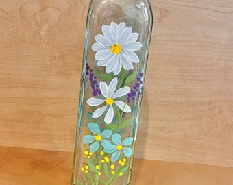 Hand painted Oil and Vinegar bottle with  SPRING wildflowers, Olive Oil bottle, soap bottle dispenser, daisies and dandelions