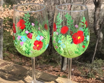 Hand painted wine glasses spring flowers,  floral wine glass, wine tumbler, customized wine glass, wedding bridesmaid wine glass