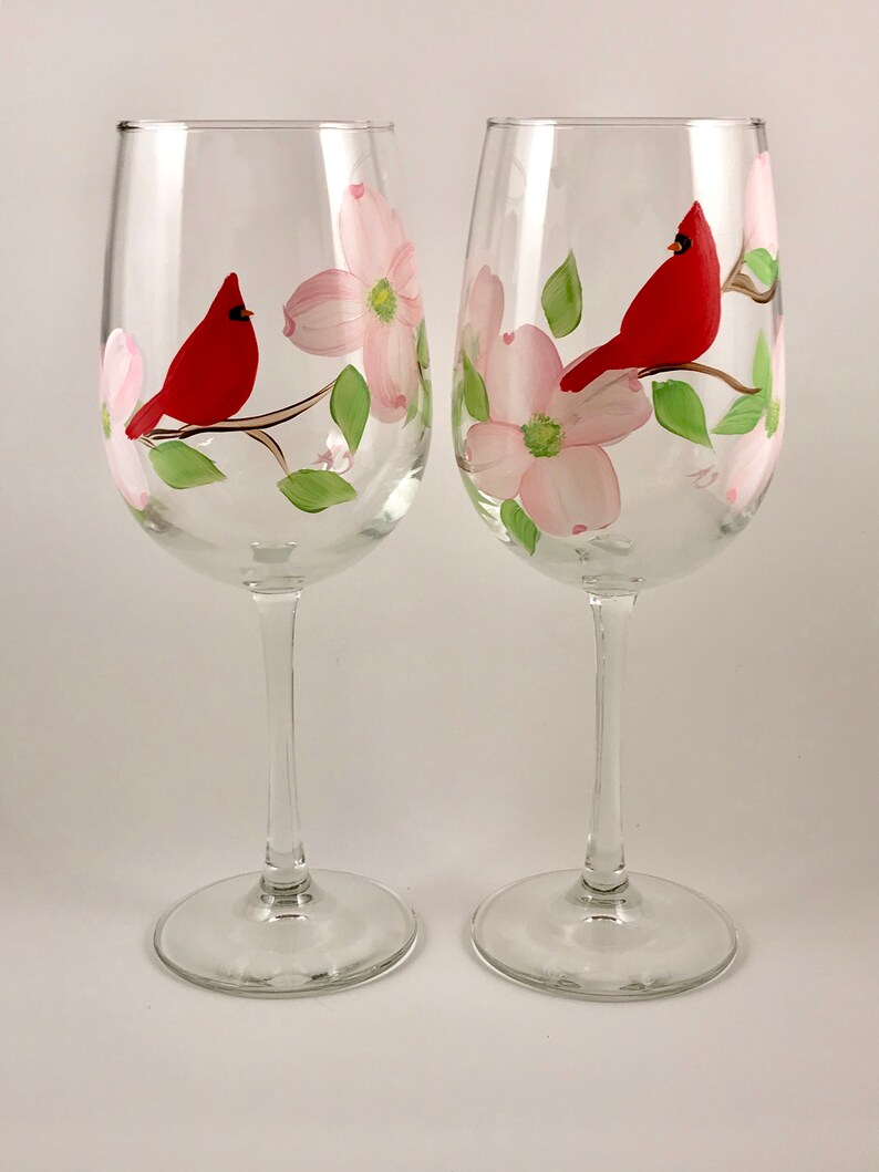 Painted wine glasses with red cardinal, hand painted wine glass with flower, Virginia state bird flower, bird nature lover, mothers day image 8