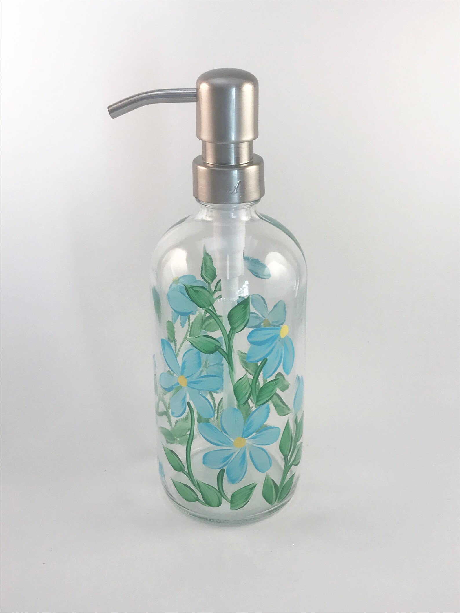 Hand Painted Soap Dispenser Light Blue Flowers Painted Soap Etsy