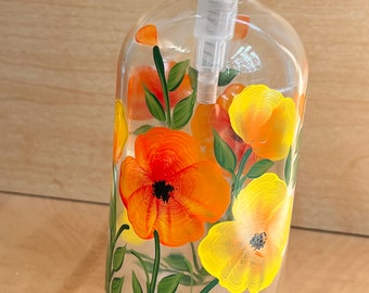 Hand painted soap bottle with orange and yellow pansies, orange bathroom decor, yellow  kitchen soap bottle, pretty soap dispenser