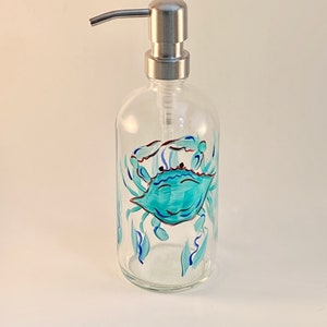 Hand painted soap dispenser with blue crab, beach bathroom decor, handpainted soap dispenser, dish soap bottle, beach house decor