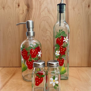Hand Painted Strawberry Kitchen Set: Oil, Vinegar, Soap, Salt & Pepper