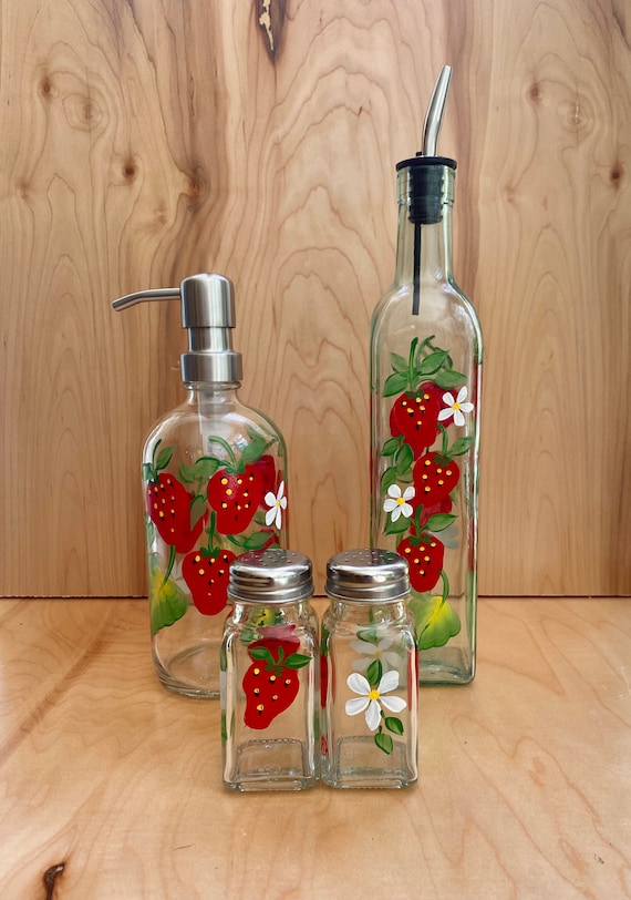 Hand Painted Set of Strawberry Kitchen Bottles and Salt and Etsy