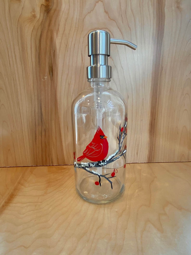 Hand Painted Soap Dispenser Red Cardinal Handpainted Soap Etsy
