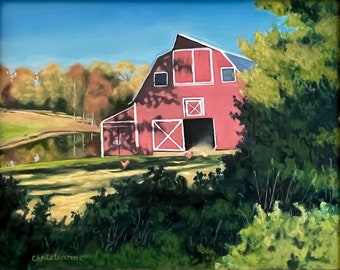 Landscape oil painting farm rural, Virginia farm barn painting, red barn, fall landscape