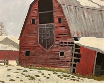 Landscape oil painting farm rural, Virginia farm barn painting, red barn in snow, Barn in Norge VA