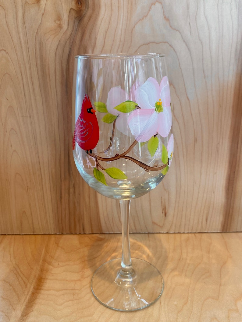 Painted wine glasses with red cardinal, hand painted wine glass with flower, Virginia state bird flower, bird nature lover, mothers day image 4