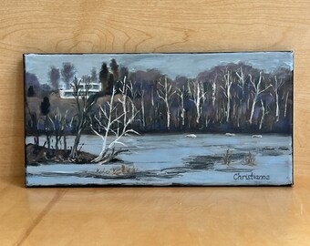 Plein air painting Pony Pasture, Richmond Virginia, winter landscape, James River, small oil painting