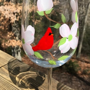 Painted wine glasses with red cardinal, hand painted wine glass with flower, Virginia state bird flower, bird nature lover, mothers day image 6