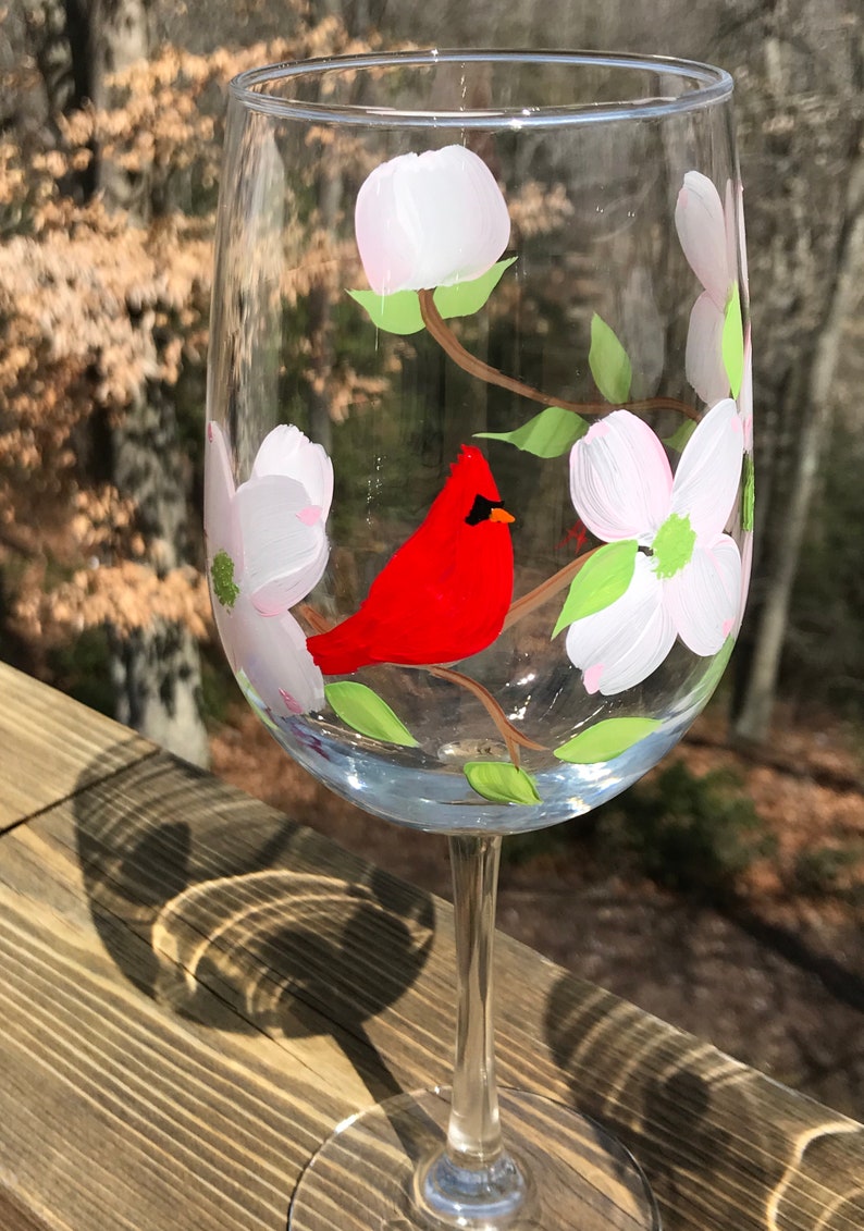 Painted wine glasses with red cardinal, hand painted wine glass with flower, Virginia state bird flower, bird nature lover, mothers day image 6