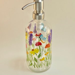 Hand painted soap dispenser flowers, floral soap dispenser, wildflowers butterfly ladybug,  bathroom soap, dish soap bottle, spring decor