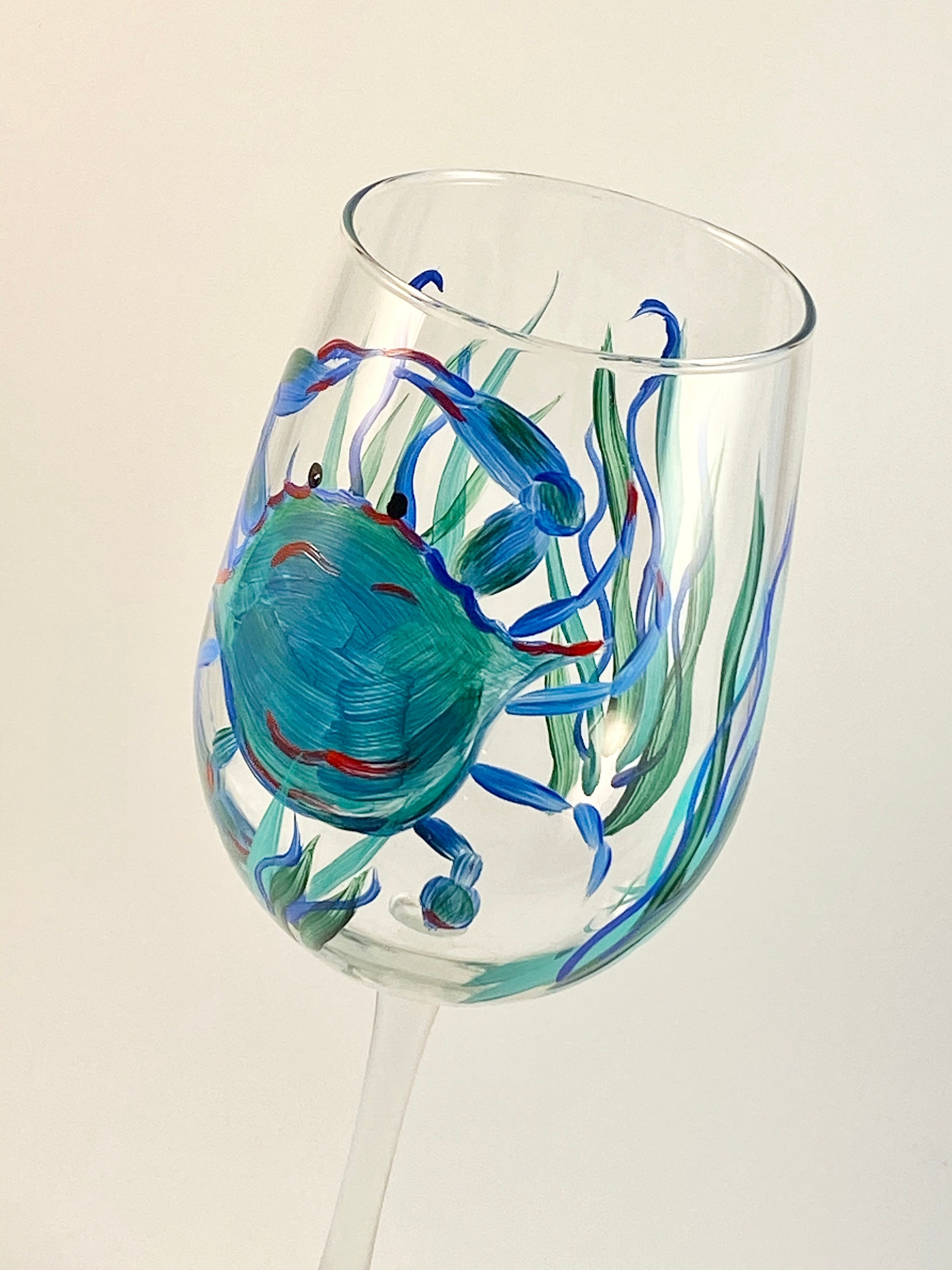 Hand painted wine glasses blue crabs crab wine glass beach Etsy